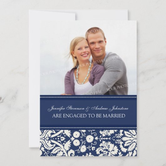 Blue Damask Foto Verloving Announcement Kaarten (Voorkant)