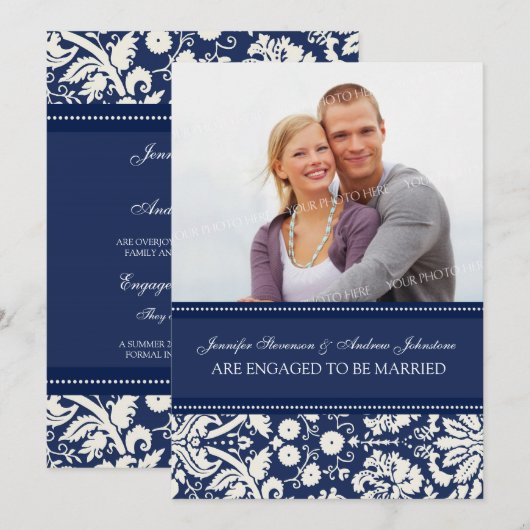 Blue Damask Foto Verloving Announcement Kaarten (Voorkant / Achterkant)