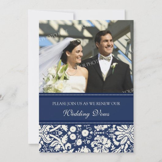 Blue Damask Foto Wedding Vow Renewal Uitnodigingen (Voorkant)