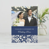 Blue Damask Foto Wedding Vow Renewal Uitnodigingen (Staand voorkant)