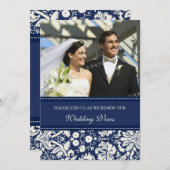 Blue Damask Foto Wedding Vow Renewal Uitnodigingen (Voorkant / Achterkant)