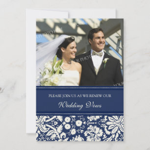 Blue Damask Foto Wedding Vow Renewal Uitnodigingen