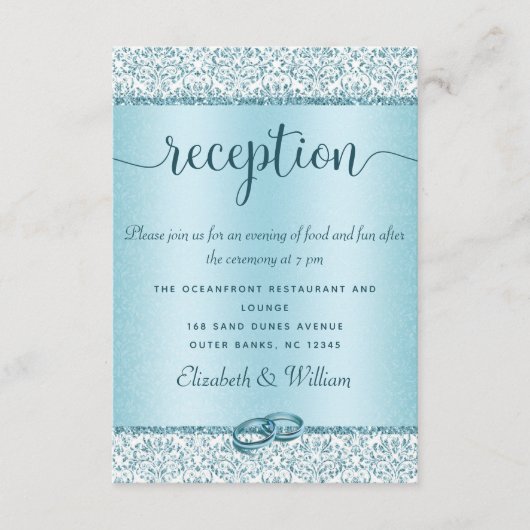 Blue Damask Glitter Wedding Reception Informatiekaartje (Voorkant)