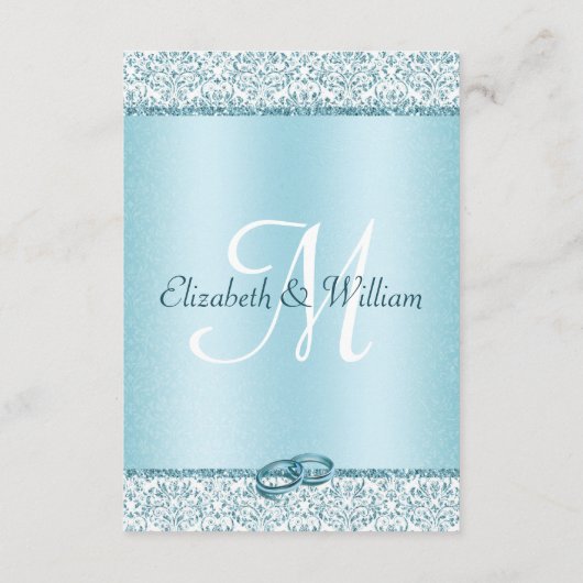 Blue Damask Glitter Wedding Reception Informatiekaartje (Achterkant)