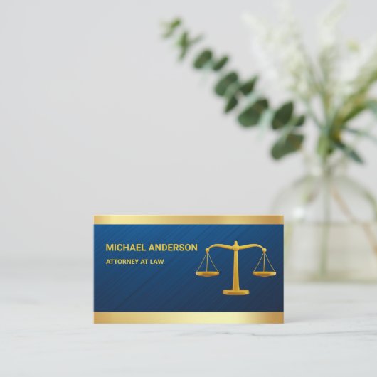 Blue Damask Gold Justice Scale Lawyer Attorney Visitekaartje (Staand voorkant)