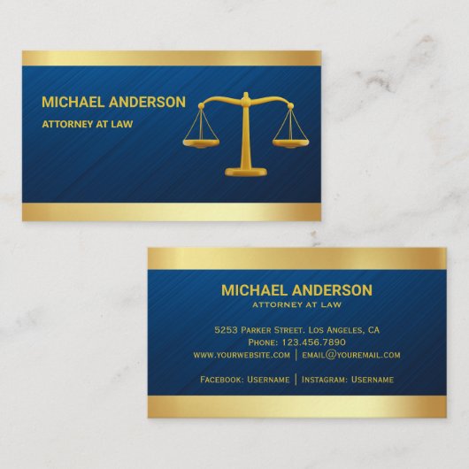 Blue Damask Gold Justice Scale Lawyer Attorney Visitekaartje (Voorkant / Achterkant)