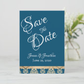 Blue Damask Gold Script Elegant Wedding Save The Date (Staand voorkant)