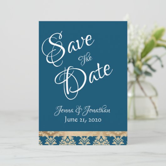 Blue Damask Gold Script Elegant Wedding Save The Date (Staand voorkant)