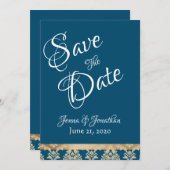 Blue Damask Gold Script Elegant Wedding Save The Date (Voorkant / Achterkant)