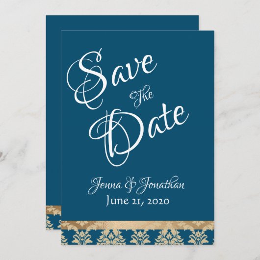 Blue Damask Gold Script Elegant Wedding Save The Date (Voorkant / Achterkant)