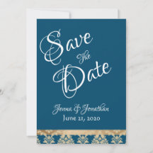 Blue Damask Gold Script Elegant Wedding