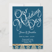 Blue Damask Gold Script legant our Wedday Kaart (Voorkant)