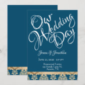 Blue Damask Gold Script legant our Wedday Kaart (Voorkant / Achterkant)