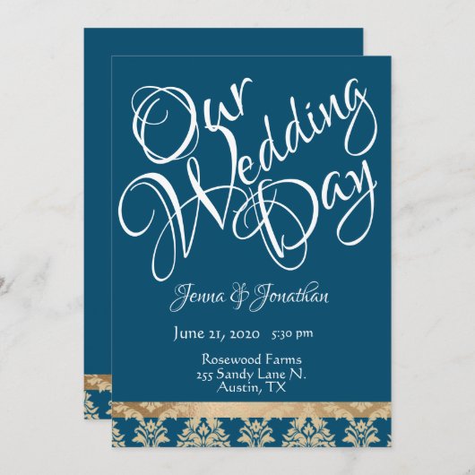 Blue Damask Gold Script legant our Wedday Kaart (Voorkant / Achterkant)