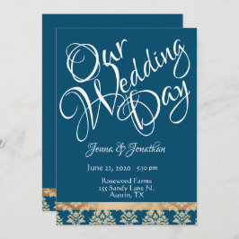 Blue Damask Gold Script legant our Wedday Kaart