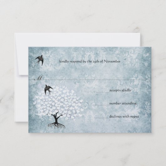 Blue Damask Heart Leaf Tree Bird RSVP (Voorkant)