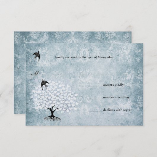 Blue Damask Heart Leaf Tree Bird RSVP (Voorkant / Achterkant)