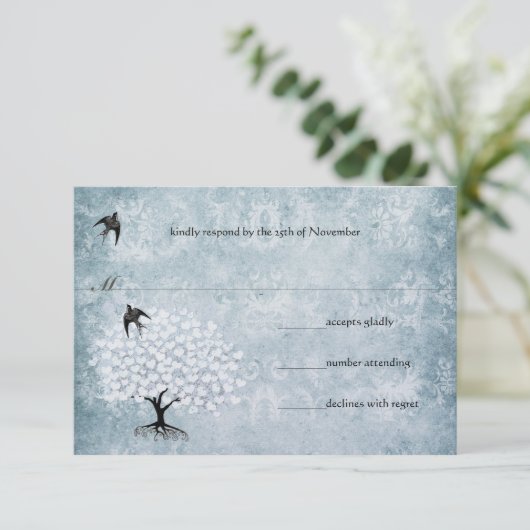 Blue Damask Heart Leaf Tree Bird RSVP (Staand voorkant)