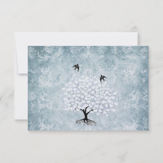 Blue Damask Heart Leaf Tree Bird RSVP (Achterkant)