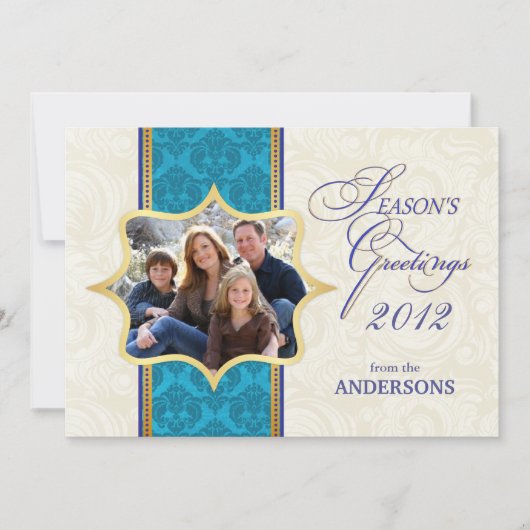 Blue Damask Holiday Photo Flat Card Feestdagenkaart (Voorkant)