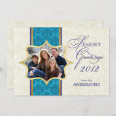 Blue Damask Holiday Photo Flat Card Feestdagenkaart (Voorkant / Achterkant)