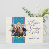 Blue Damask Holiday Photo Flat Card Feestdagenkaart (Staand voorkant)