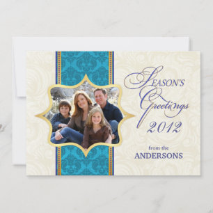 Blue Damask Holiday Photo Flat Card Feestdagenkaart