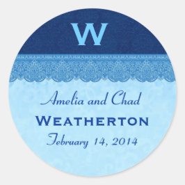 Blue Damask Lace Monogram Wedding G214 Ronde Sticker