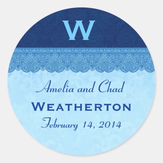 Blue Damask Lace Monogram Wedding G214 Ronde Sticker (Voorkant)