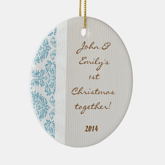 Blue Damask Lace Print Personalized Name Ornament (Rechts)