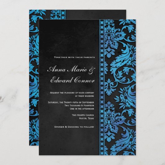 Blue  Damask Lace Wedding Kaart (Voorkant / Achterkant)