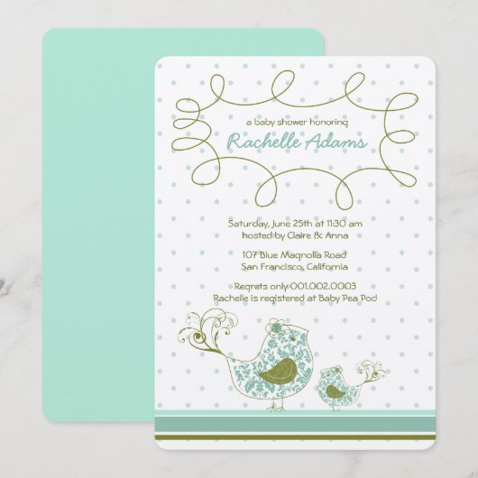 Blue Damask mam en Baby Bird Chic Baby shower Kaart (Voorkant / Achterkant)