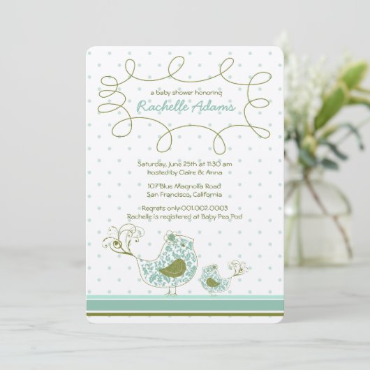 Blue Damask mam en Baby Bird Chic Baby shower Kaart (Staand voorkant)