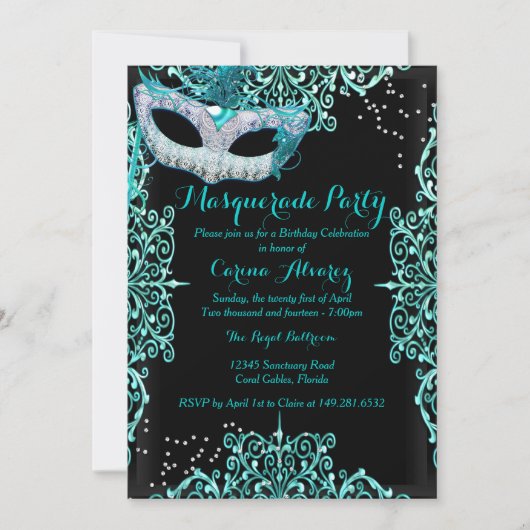 Blue Damask Masquerade Birthday Uitnodiging (Voorkant)