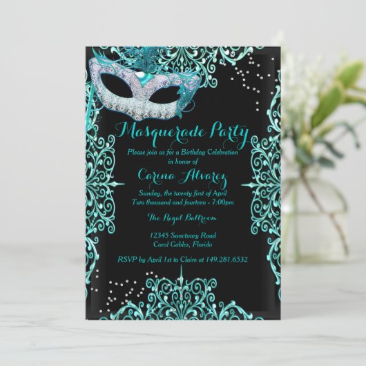 Blue Damask Masquerade Birthday Uitnodiging (Staand voorkant)