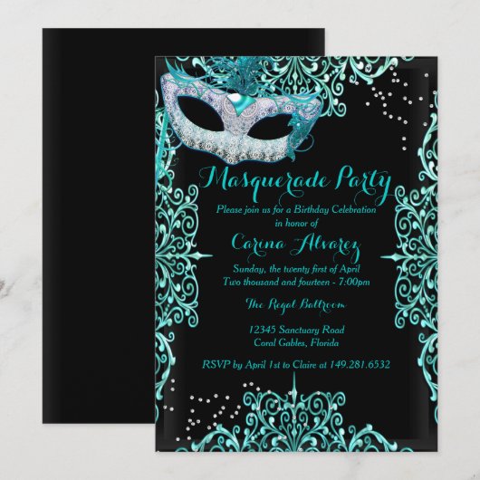 Blue Damask Masquerade Birthday Uitnodiging (Voorkant / Achterkant)