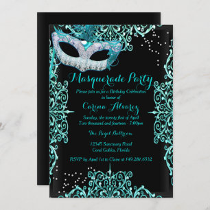 Blue Damask Masquerade Birthday Uitnodiging