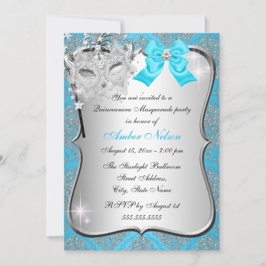 Blue Damask Masquerade Invite Kaart (Voorkant)