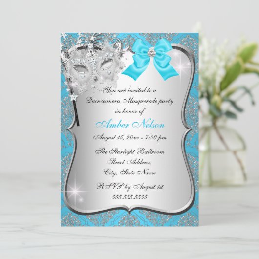 Blue Damask Masquerade Invite Kaart (Staand voorkant)