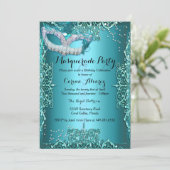Blue Damask Masquerade party Birthday Invitation Kaart (Staand voorkant)