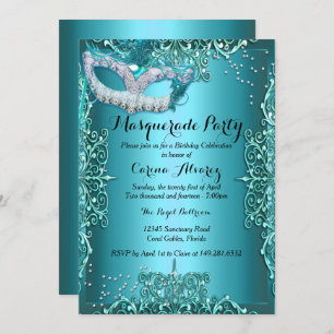 Blue Damask Masquerade party Birthday Invitation Kaart