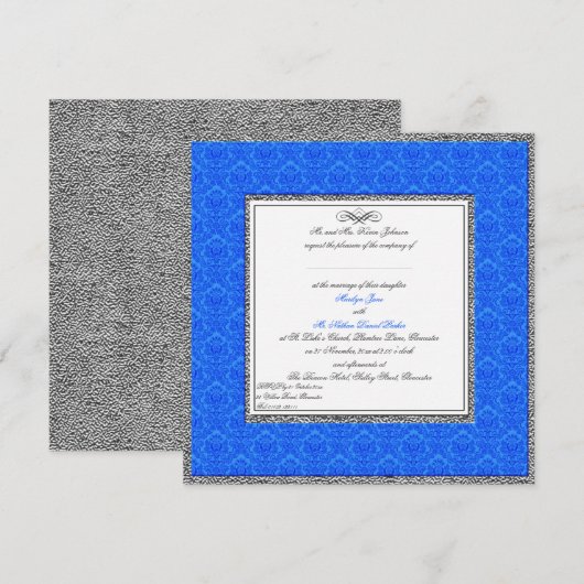 Blue Damask met Pewter U.K. Wedding Invitation Kaart (Voorkant / Achterkant)