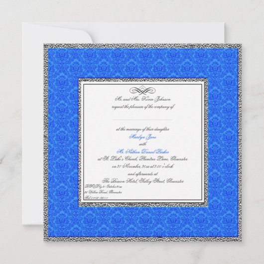 Blue Damask met Pewter U.K. Wedding Invitation Kaart (Voorkant)