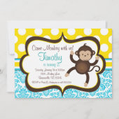 Blue Damask Mod Monkey Boys Birthday Party Invite Kaart (Voorkant)