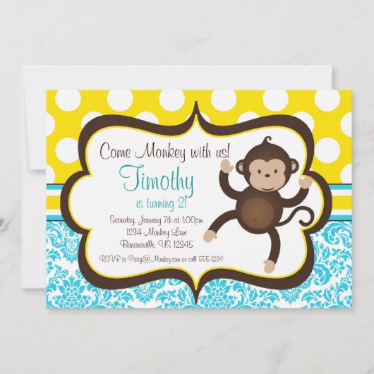 Blue Damask Mod Monkey Boys Birthday Party Invite Kaart (Voorkant)