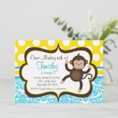 Blue Damask Mod Monkey Boys Birthday Party Invite Kaart (Staand voorkant)