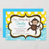 Blue Damask Mod Monkey Boys Birthday Party Invite Kaart (Voorkant / Achterkant)