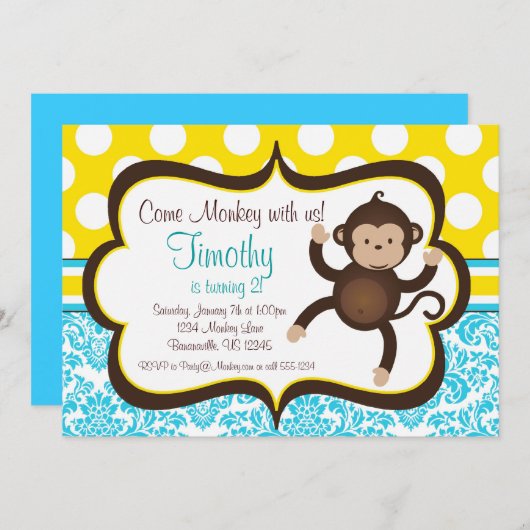 Blue Damask Mod Monkey Boys Birthday Party Invite Kaart (Voorkant / Achterkant)