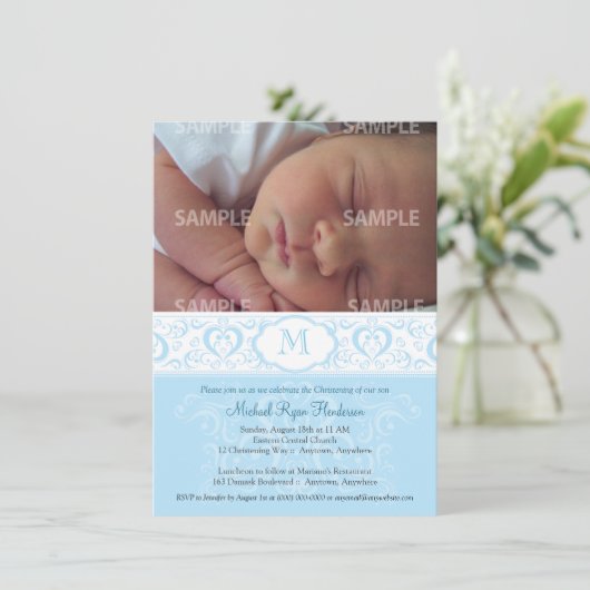 Blue Damask Monogram Baptism/Christening Kaart (Staand voorkant)