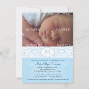 Blue Damask Monogram Baptism/Christening Kaart